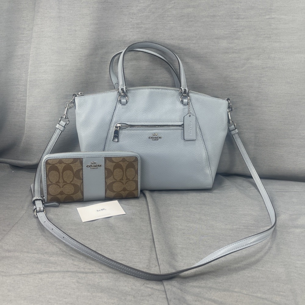 Coach Prairie Satchel Crossbody Pebble Leather Bag Pale Blue  Matching Wallet